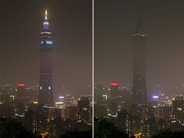 Porovnání fotografií ped a po zhasnutí propracovaného osvtlení mrakodrapu je...