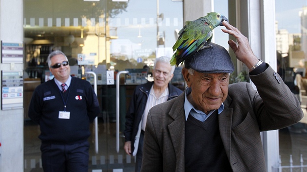 Kypersk stak se svm papoukem ped pobokou Bank of Cyprus (28. bezna 2013)