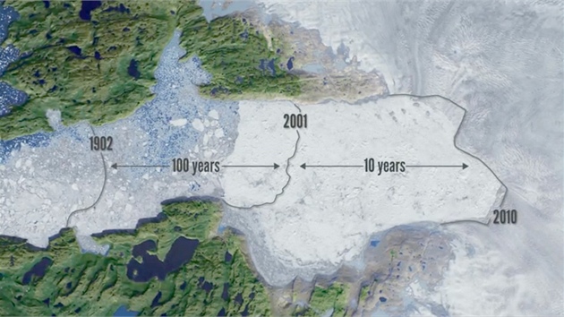 Vizualizace tn ledovce Sermeq Kujalleq u Ilulissatu na zpadnm pobe Grnska. V poslednch 10 letech ho ubylo vc ne v letech 19022001 (obdob 100 let).