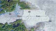 Vizualizace tání ledovce Sermeq Kujalleq u Ilulissatu na západním pobřeží...