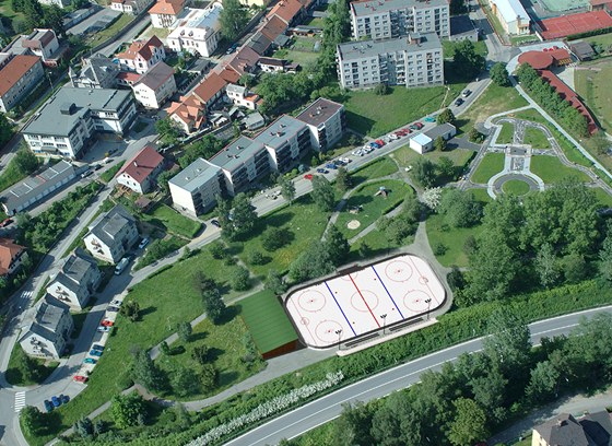 Vizualizace hokejbalového hřiště, které má vyrůst v prachatickém parku Mládí. 