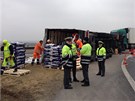 Kamion vezoucí náklad psích granulí se pevrátil na bok na sjezdu z dálnice D1.