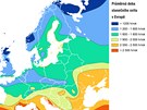 Prmrná doba sluneního svitu v Evrop (hodiny za rok).