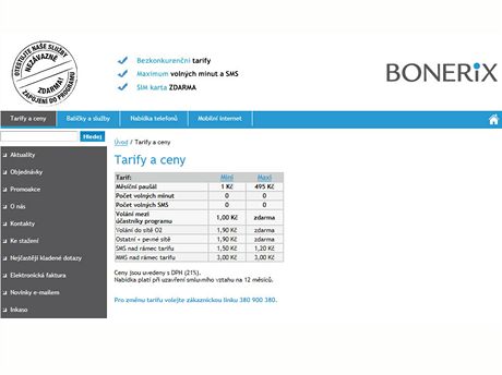 Tarify programu Bonerix pro firemní klientelu O2