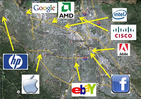 Velké firmy v americkém Silicon Valley. Ilustraní snímek.