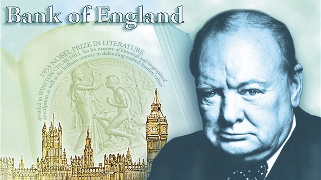 Návrh nové pětilibrové bankovky s Winstonem Churchillem a jeho slavným výrokem "Nemohu slíbit nic než krev, dřinu, slzy a pot"