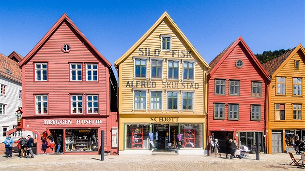Nejfotografovanější námět z Bergenu - dřevěné domky v Bryggen