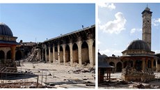 Kombinace dvou snímk�, nalevo padlý minaret (24. dubna 2013), vpravo je�t�