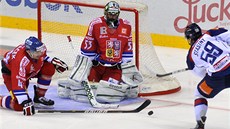 �eský branká� Alexander Salák likviduje �anci  Andreje ��astného z týmu