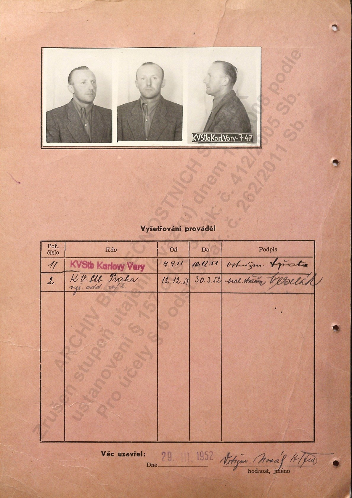 Antonín Klement po zat�ení v zá�í 1951