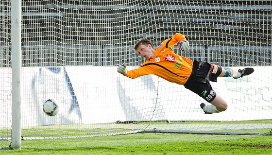 TIKRÁT PEKONANÝ. Hradecký branká Jií Lindr dostal od fotbalist Slovácka