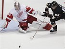 Detroitský gólman Jimmy Howard likviduje anci Emersona Etema z Anaheimu. 