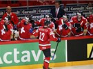 POVEDLO SE. Hokejisté výcarska se radují z promnného nájezdu proti Kanad.