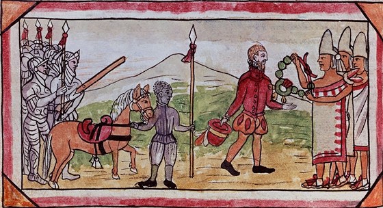 Hernán Cortés pi setkání s Aztéky. Ilustrace z Aubinského kodexu z roku 1565.