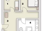 Pdorys: 1/ studentský pokoj, 2/ lonice, 3/ chodba, 4/ koupelna + WC, 5/