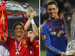 MOJE TROFEJE Fernando Torres s pohrem pro mistra Evropy (vlevo) a s trofej