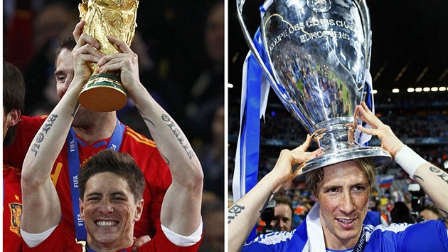 MOJE TROFEJE Fernando Torres s pohrem pro mistra svta (vlevo) a s trofej pro vtze Ligy mistr.