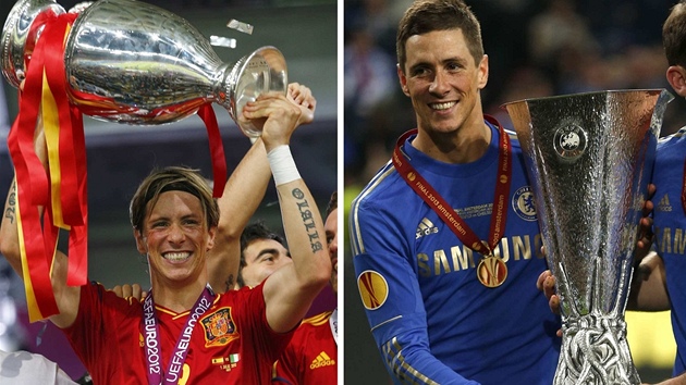 MOJE TROFEJE Fernando Torres s pohrem pro mistra Evropy (vlevo) a s trofej pro vtzze Evropsk ligy.