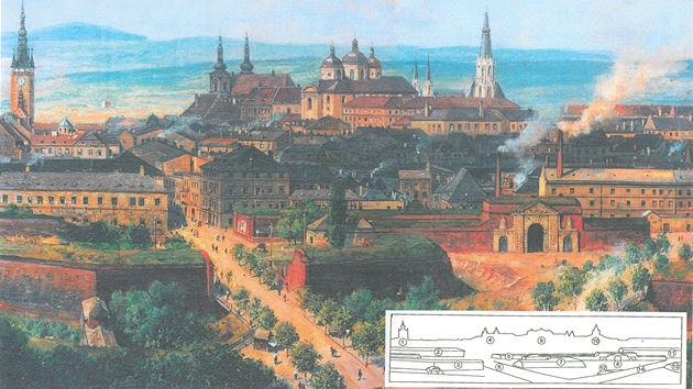 Terezská brána (na části obrazu od L. E. Petrovitse z roku 1895 vpravo dole) je cenná památka a pozůstatek olomouckého barokního opevnění.