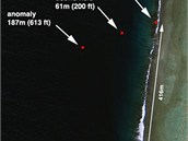Schéma nálezů u atolu Nikumaroro. Z obrázku je patrné, že místa nálezů dvojích