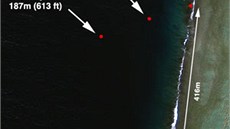 Schéma nález u atolu Nikumaroro. Z obrázku je patrné, e místa nález dvojích