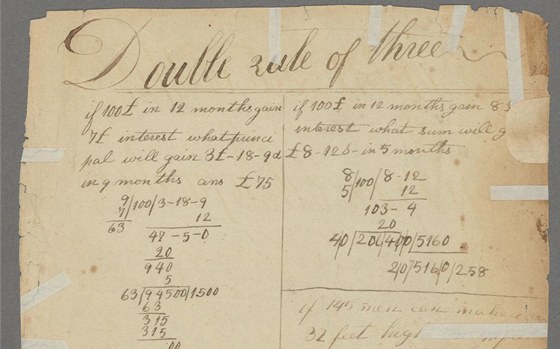 Stránka z Lincolnova sešitu z matematiky, která se nalezla v archivech na