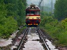 Voda se p�elévá p�es �eleznici a p�ejezd v Hostinném. (2. �ervna 2013)