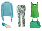 Vzorované kalhoty, Charles Vogele; zelené tílko, Holly & Whyte, Lindex; modrý...