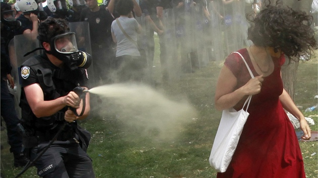 Fotografie eny v ervench atech, kterou bhem protest v Turecku zachytil fotograf Osman Orsal, se okamit stala symbolem vech demonstrant. (4. ervna 2013) 