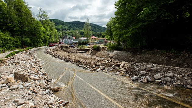 Voda protkajc po silnici od Janskch Lzn do Svobody nad pou (4.6.2013).