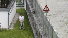 Mu� seká trávník za protipovod�ovou st�nou v dolnorakouském m�ste�ku