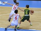 eské basketbalistky Kateina Elhotová (vlevo nahoe) a Veronika Bortelová se