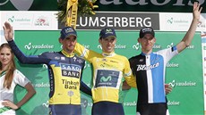 Roman Kreuziger (zleva), Rui Costa a Bauke Mollema na stupních vítz po závodu