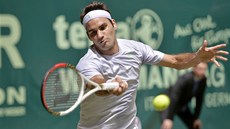 �výcarský tenista Roger Federer ve finále turnaje v Halle s Michaelem Ju�ným z