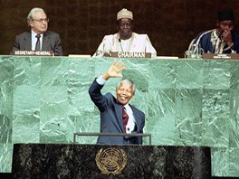 TRIUMF NA PŮDĚ OSN. Nelson Mandela promluvil krátce po svém propuštění na...