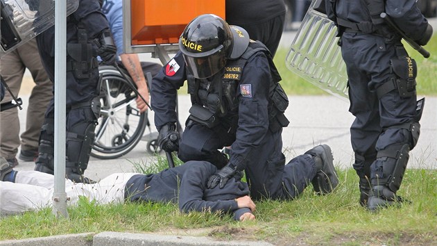 Policista zadruje demonstranta v eskch Budjovicch (29. ervna 2013)