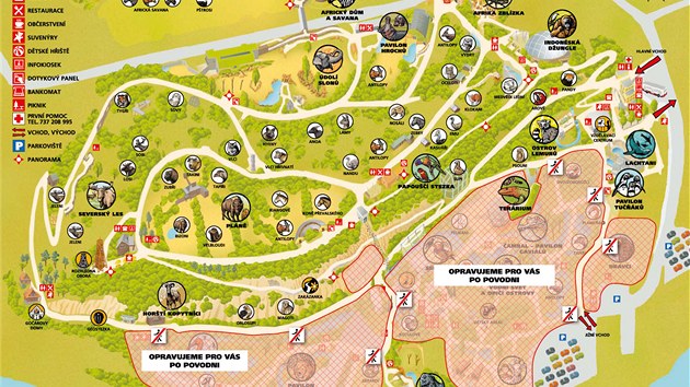 Mapka pra�sk� zoo, z n� vy�tete, kter� ��sti pra�sk� zoo jsou od soboty 22. �ervna op�t zp��stupn�n� pro n�v�t�vn�ky. (21. �ervna )