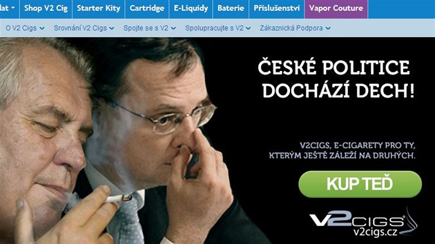 Reklama na elektronick cigarety s prezidentem Miloem Zemanem a premirem Petrem Neasem, kter rezignoval na svj post.