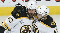 David Krejí (vpravo) a Zdeno Chára z Bostonu v pátém finále Stanley Cupu.