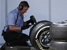 CO S TÍM. Technik firmy Pirelli zkoumá pneumatiky bhem Velké ceny Velké