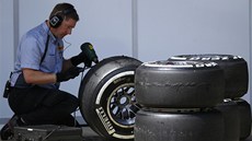 CO S TÍM. Technik firmy Pirelli zkoumá pneumatiky během Velké ceny Velké