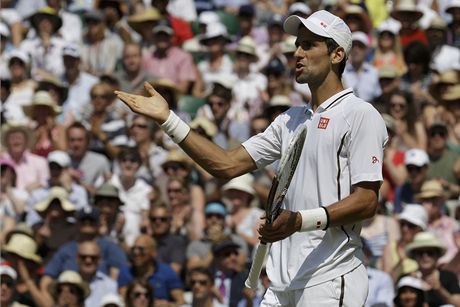 SRBSK ZLOBA. Novak Djokovi diskutuje s rozhodm bhem wimbledonskho finle.