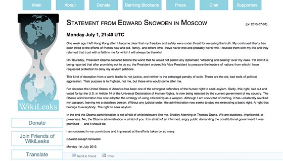 Dopis Edwarda Snowdena zveejnný na webu WikiLeaks (2. ervence 2013)