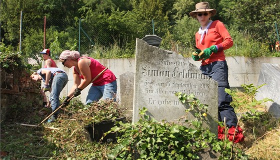 Dobrovolníci z Nmecka a Ukrajiny uklízejí idovský hbitov v Krnov.