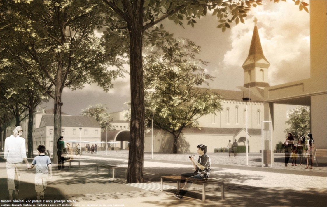 Jeden z architektonických návrh� na o�ivení Husova nám�stí.