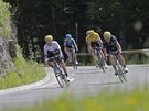 SJEZD. Cyklisté jedou dol z kopce pi deváté etap Tour de France, bílé triko