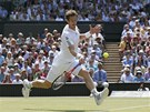 LETÍCÍ BRIT. Andy Murray dobíhá míek bhem finále tenisového Wimbledonu s