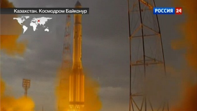 Start rusk rakety Proton-M, kter krtce pot vybuchla, na zbrech rusk stanice Rossija 24.
