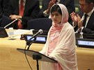 Pákistánská dívka Malála Júsufzajová bhem svého vystoupení v OSN (12. ervence...