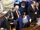 Ministi Rusnokovy vlády picházejí k na jednání Poslanecké snmovny. (17.